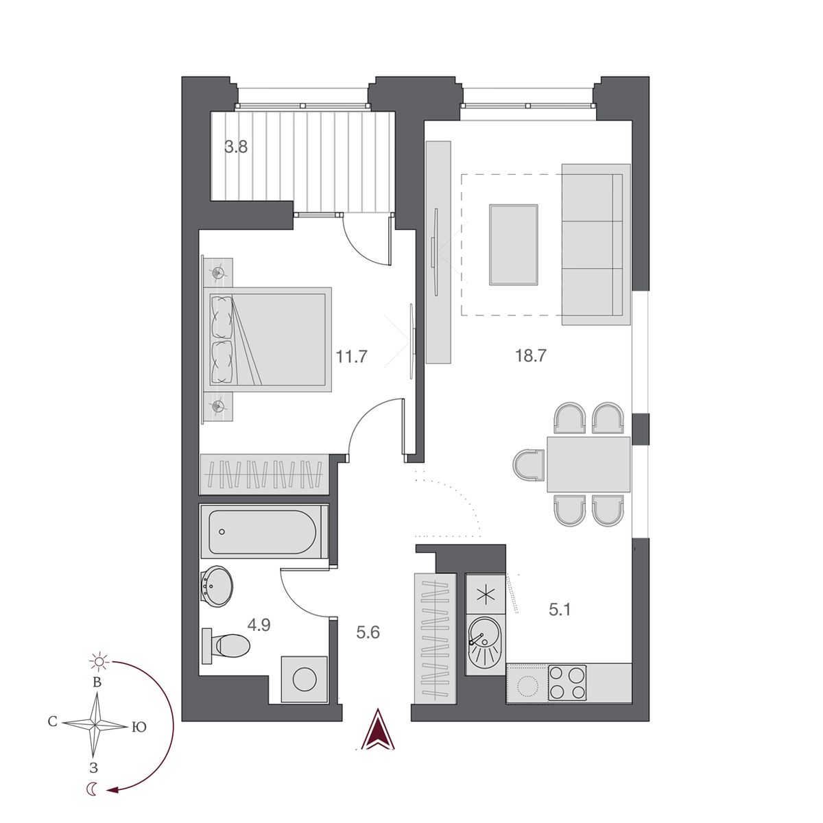 2 комнаты 49.8 м²