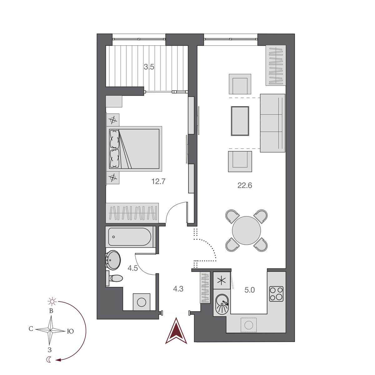 2 комнаты 52.6 м²