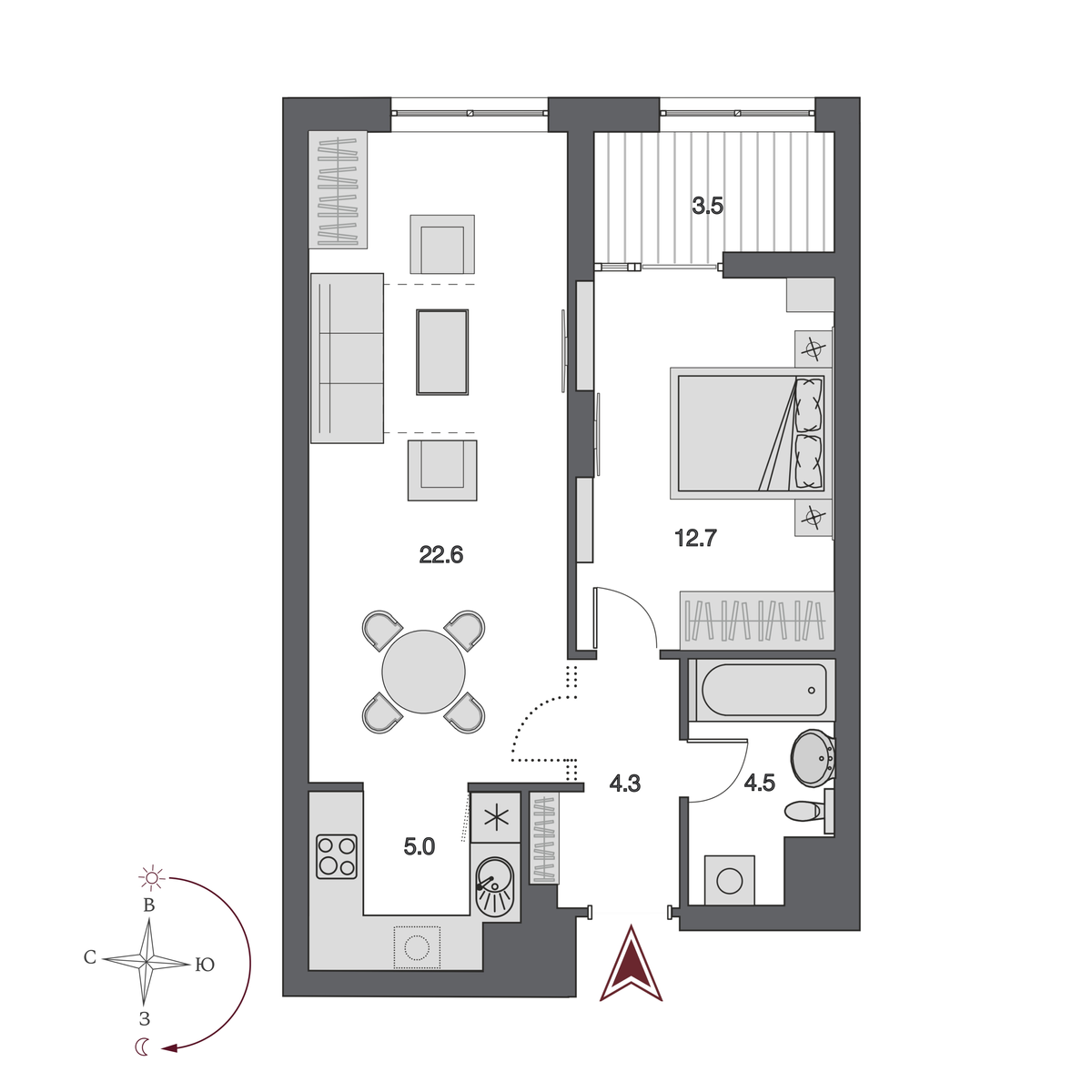 2 комнаты 52.6 м²