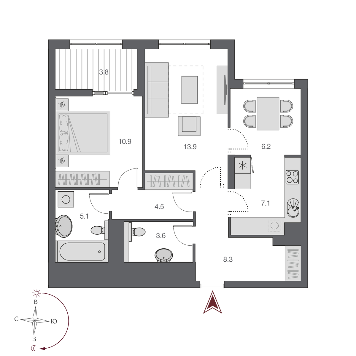 2 комнаты 63.4 м²